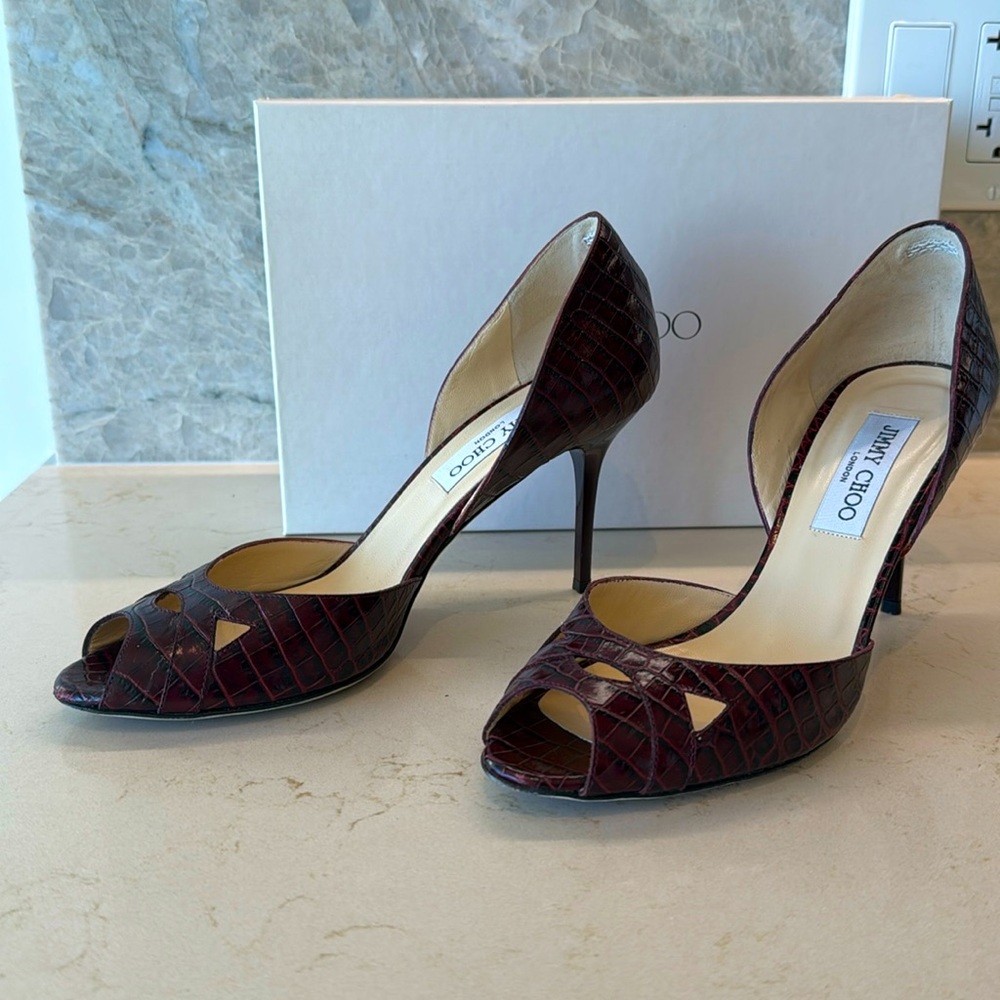 Jimmy Choo Faux Snake D’Orsay Heels, Bordeaux, 38.5.